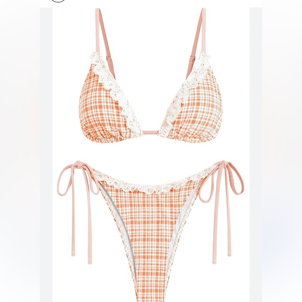 Zaful Orange and White Plaid Bikini with Lace size XL